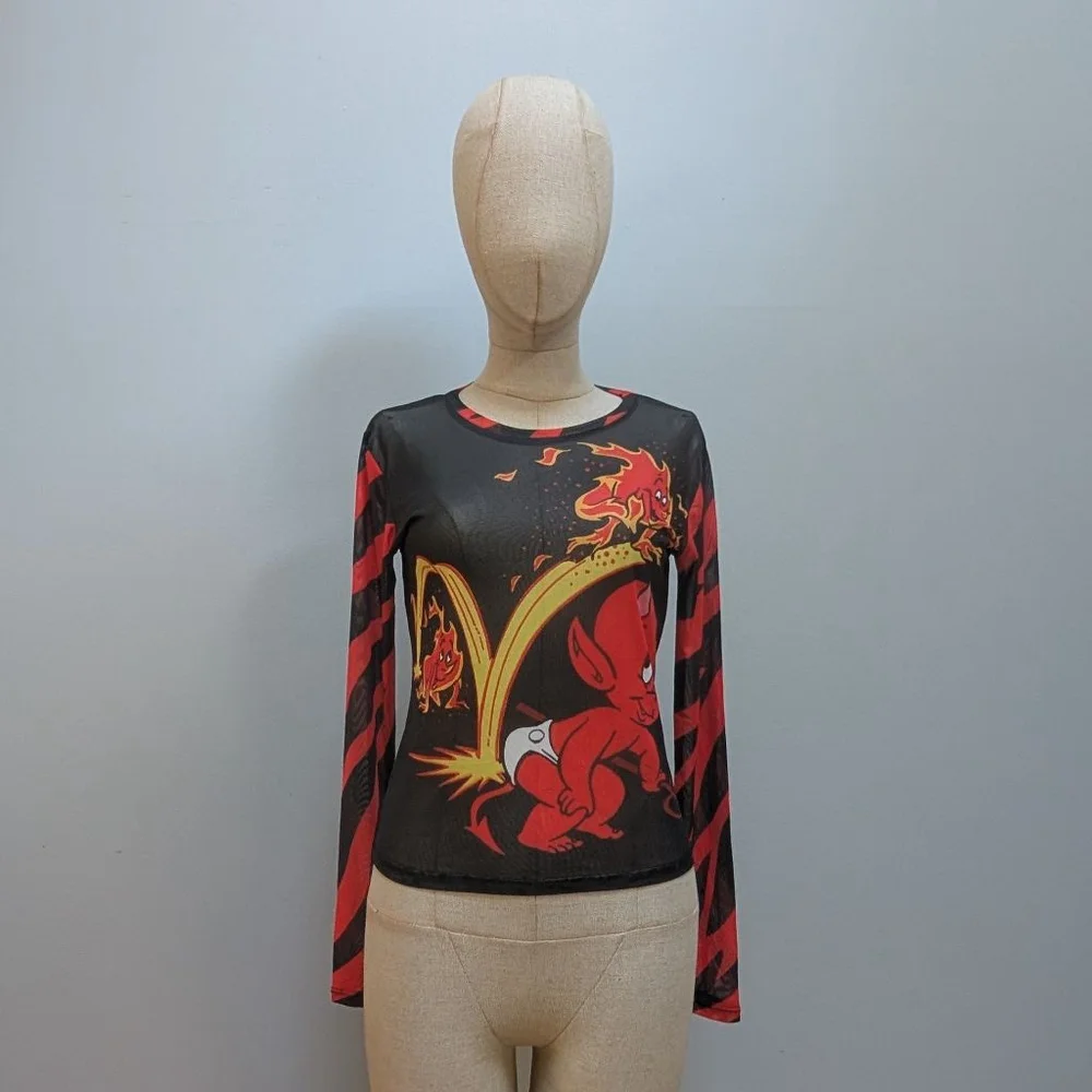 Dolls Kill Hot Stuff Casper Black Red Mesh Trusty Trident Long Sleeve Tee - Med